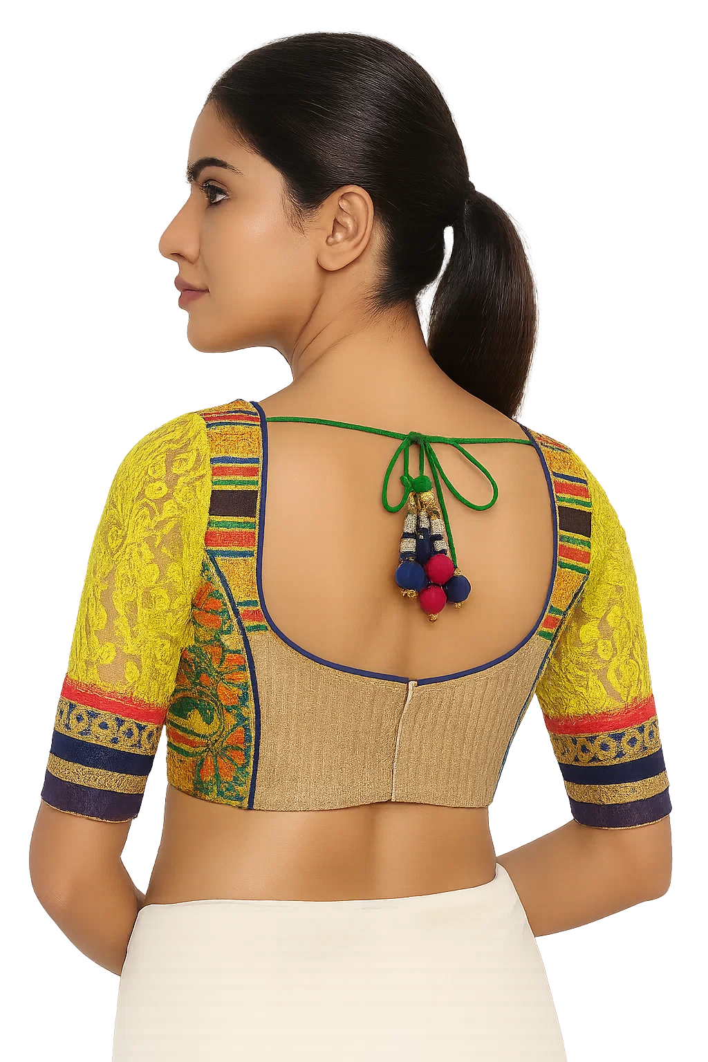 Multicolor Embroidered Festive Designer Blouse with Yellow Lace Sleeves