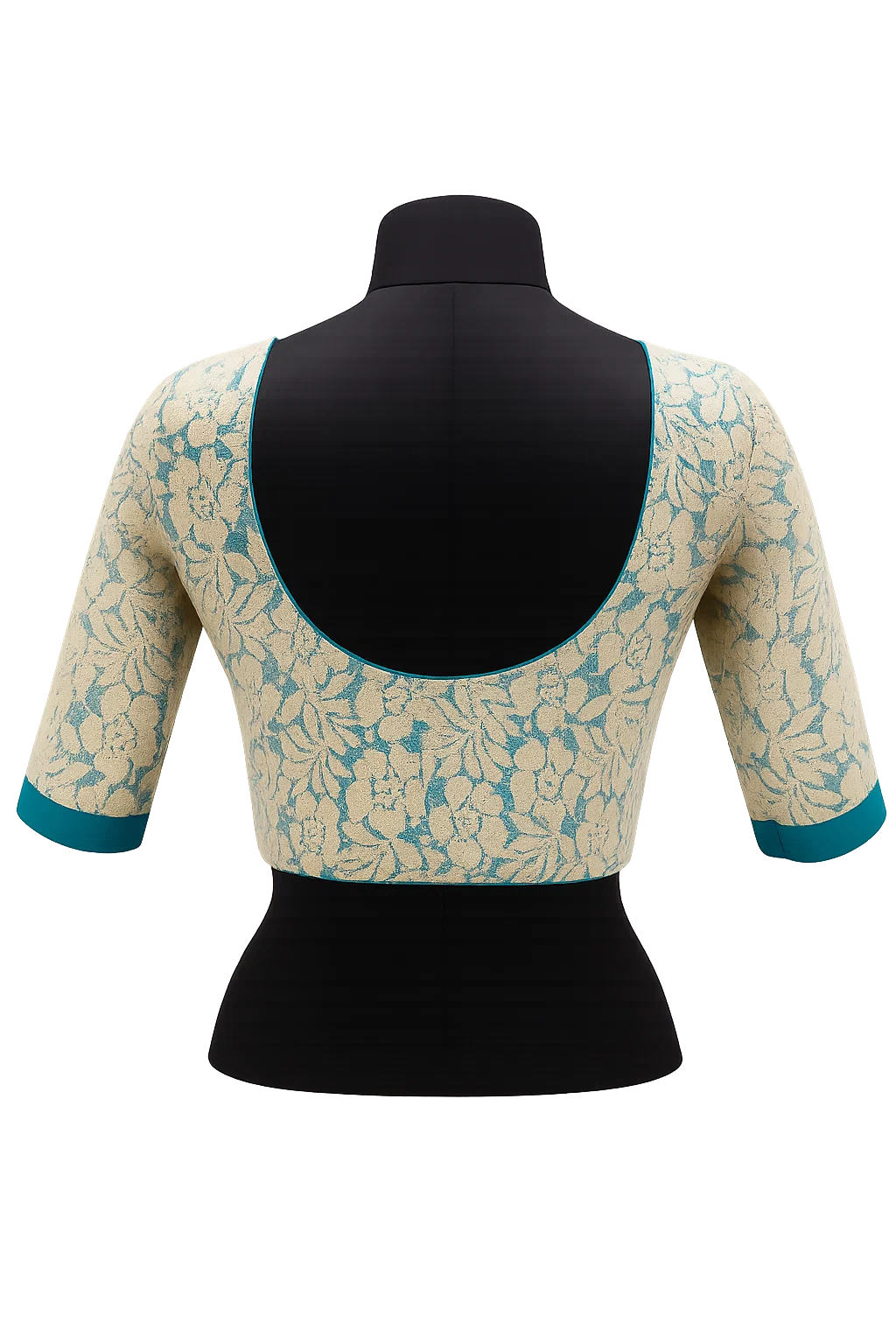 Ivory & Teal Brocade Silk Designer Blouse with Floral Zari Weave and 3/4th Sleeves