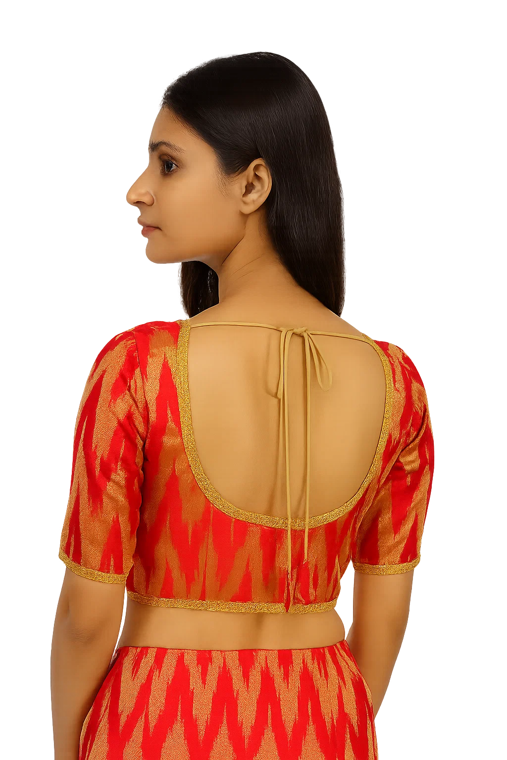 Red & Gold Ikat Woven Silk Blouse with Deep U-Back and Tie-Up Dori