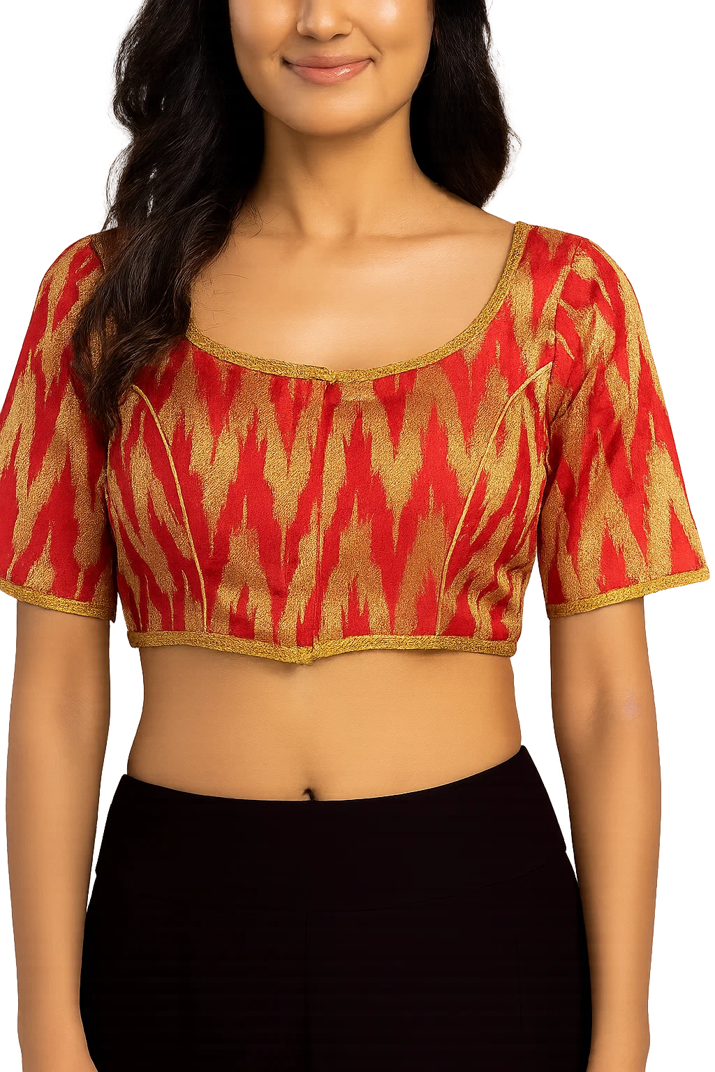 Red & Gold Ikat Woven Silk Blouse with Deep U-Back and Tie-Up Dori