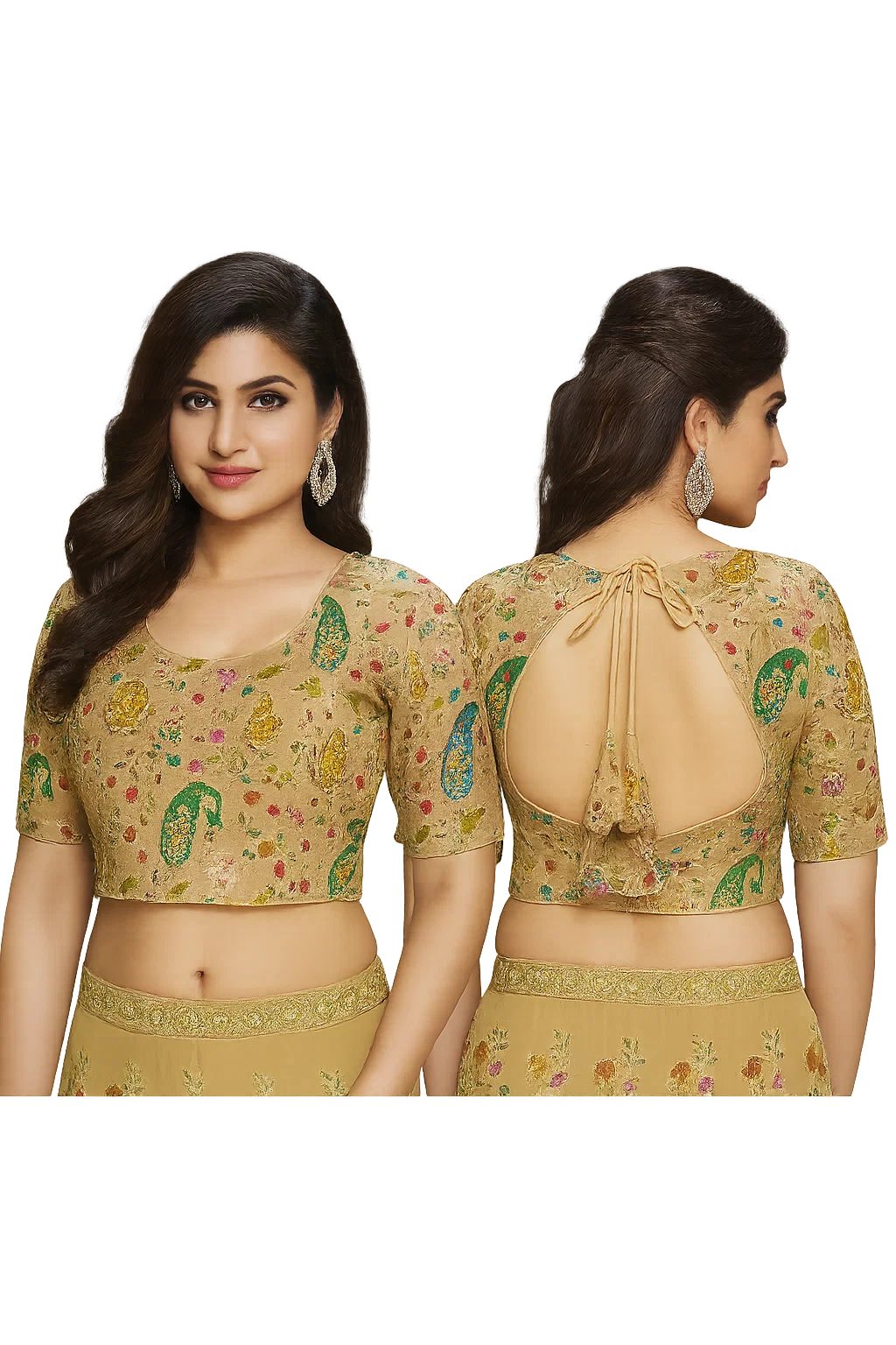 Golden Multicolor Embroidered Silk Blouse with Deep Back Tie-Up & Elbow Sleeves