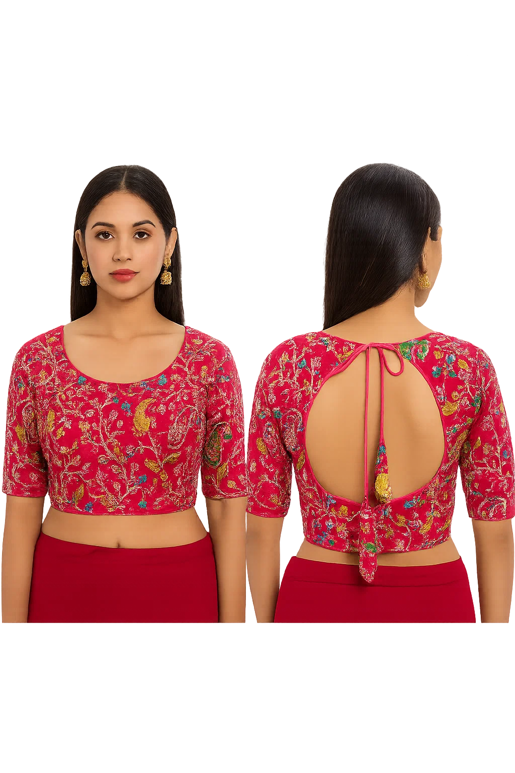 Rani Pink Multicolor Embroidered Designer Blouse with Deep Back Cut & Tie-Up Dori