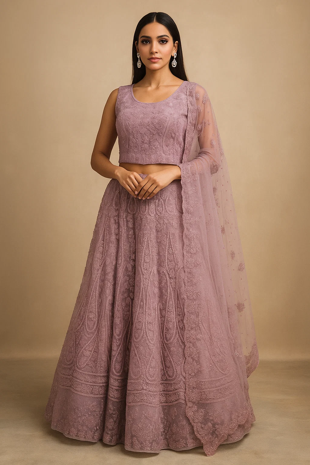 Dusty Mauve Heavy Embroidered Net Lehenga Set with Matching Blouse & Dupatta