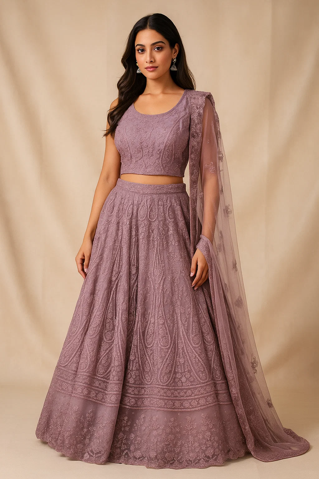Dusty Mauve Heavy Embroidered Net Lehenga Set with Matching Blouse & Dupatta