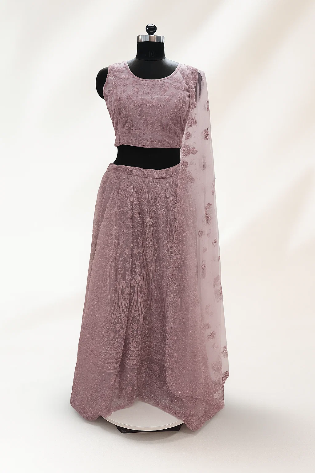 Dusty Mauve Heavy Embroidered Net Lehenga Set with Matching Blouse & Dupatta