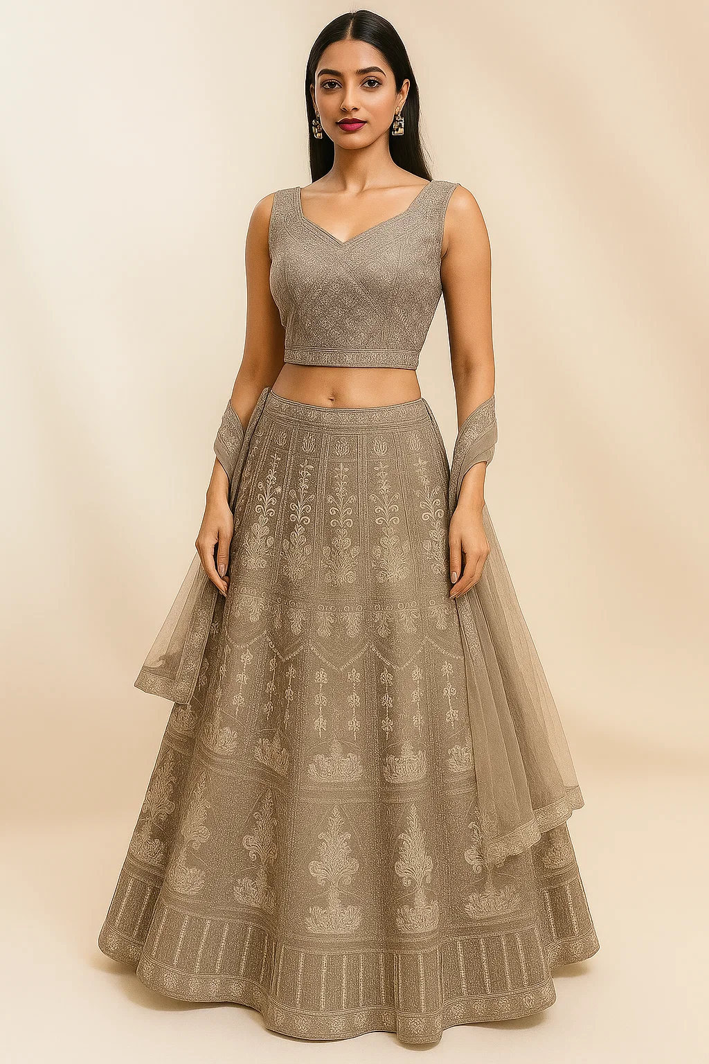 Champagne Gold Textured Embroidered Lehenga Set with V-Neck Blouse & Net Dupatta