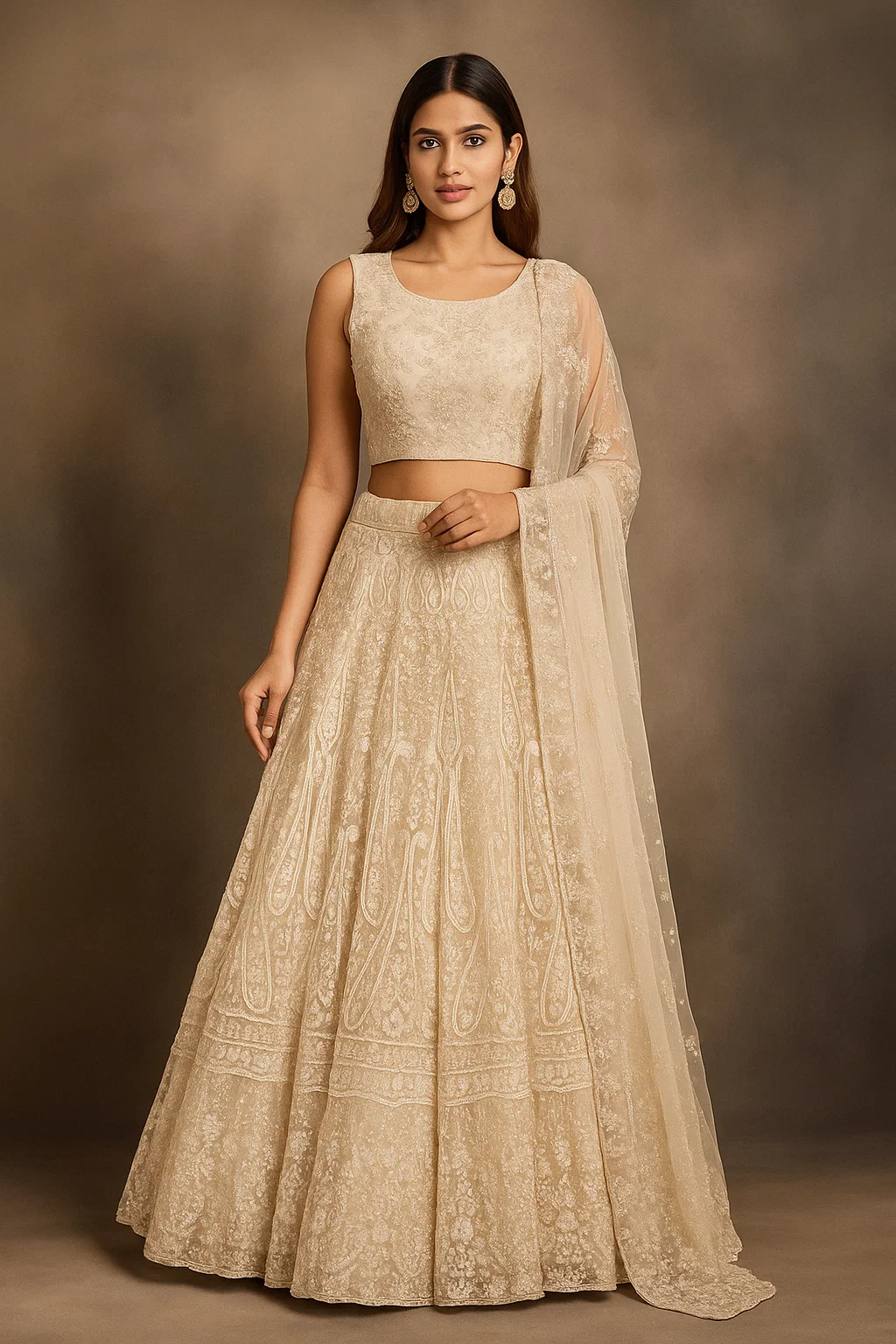 Ivory Heavy Embroidered Net Bridal Lehenga with Sequins & Thread Work
