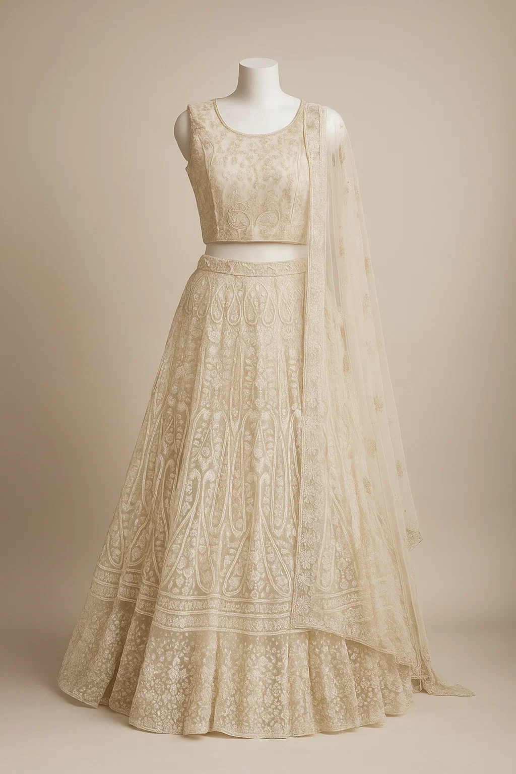Ivory Heavy Embroidered Net Bridal Lehenga with Sequins & Thread Work
