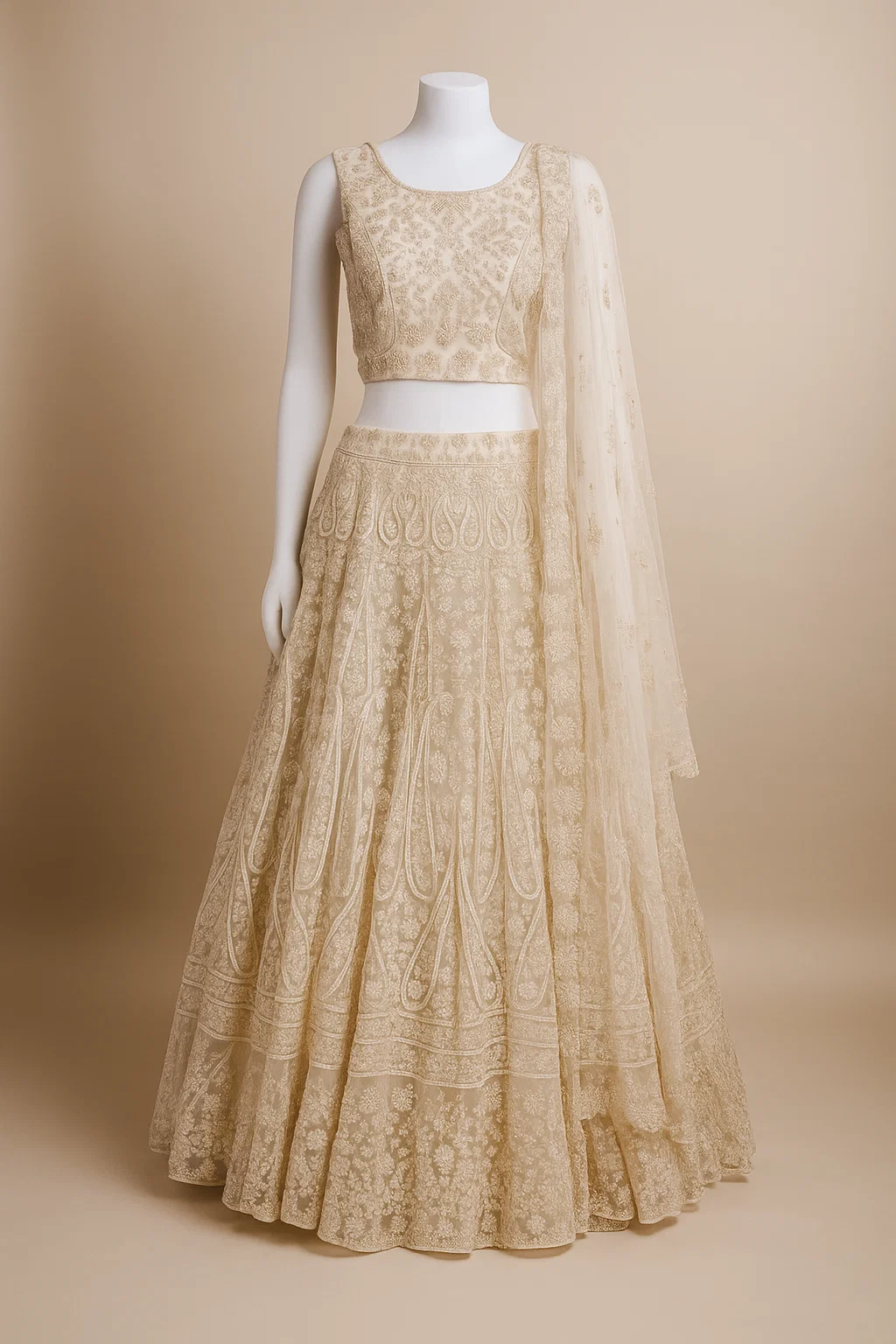 Ivory Heavy Embroidered Net Bridal Lehenga with Sequins & Thread Work