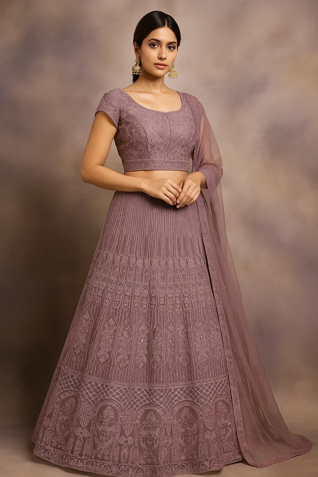 Dusty Mauve Heavy Embroidered Net Lehenga with Sequins & Thread Work
