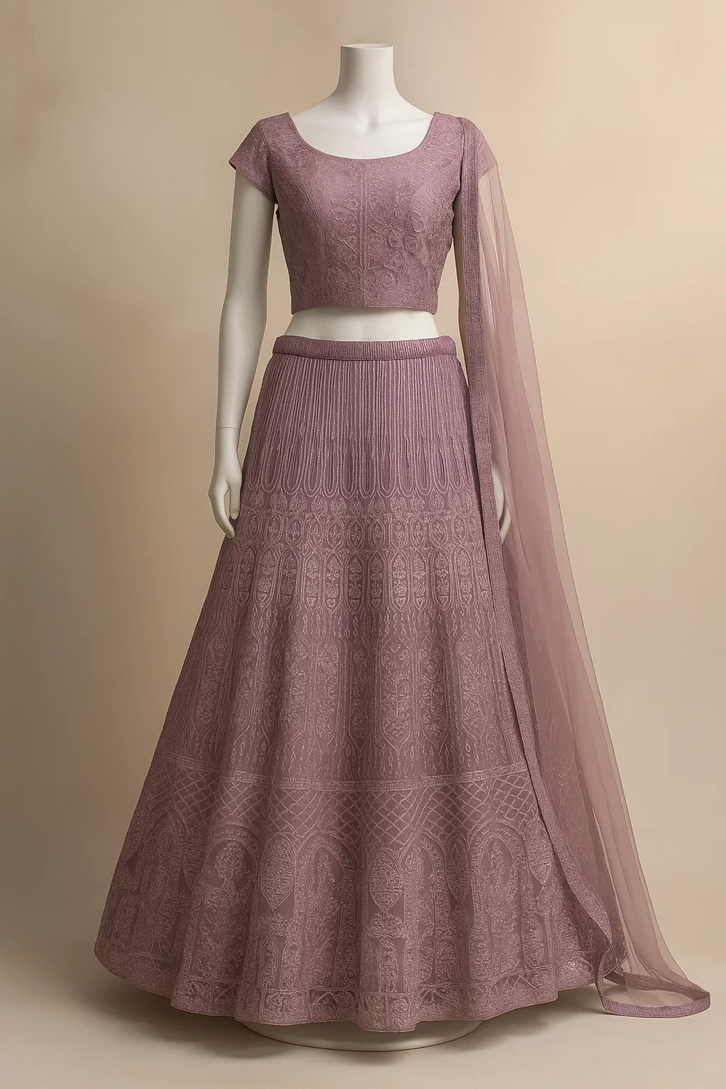 Dusty Mauve Heavy Embroidered Net Lehenga with Sequins & Thread Work