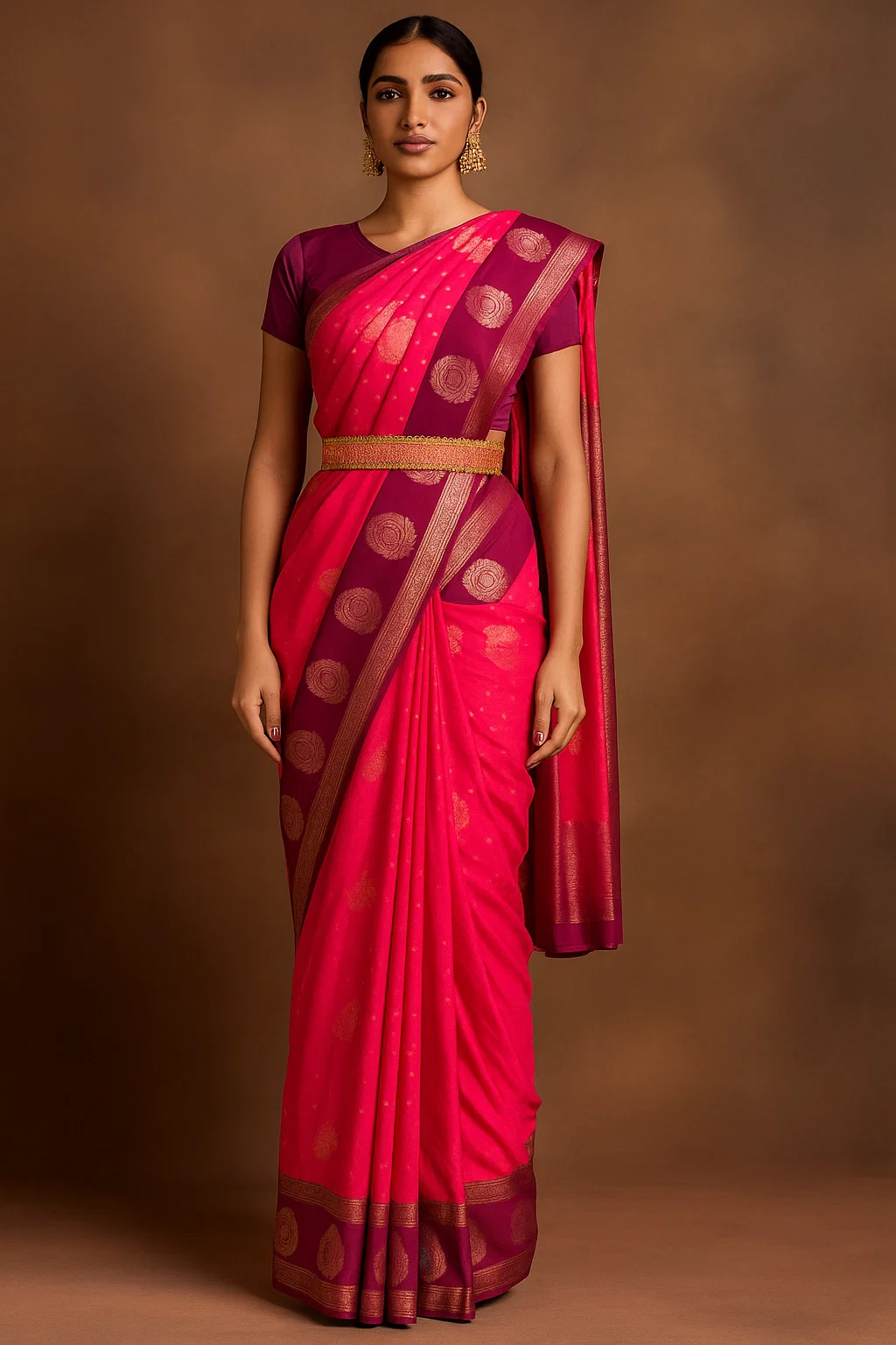 Rani Pink & Wine Kanchipuram Silk Saree with Rich Zari Motifs & Contrast Border