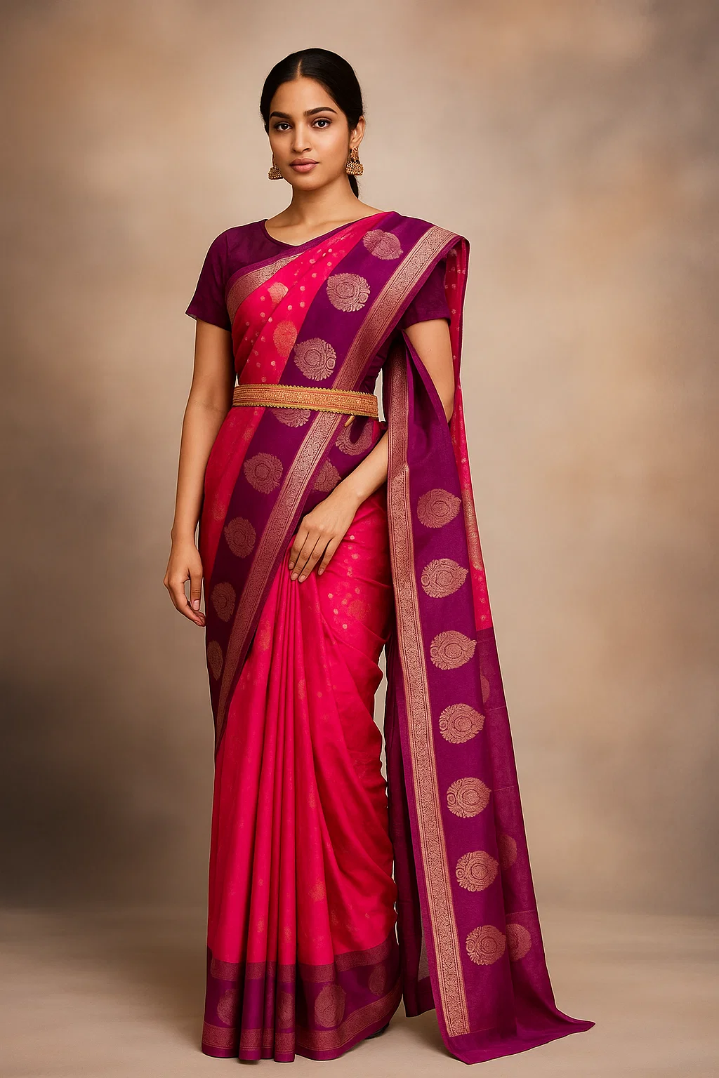 Rani Pink & Wine Kanchipuram Silk Saree with Rich Zari Motifs & Contrast Border