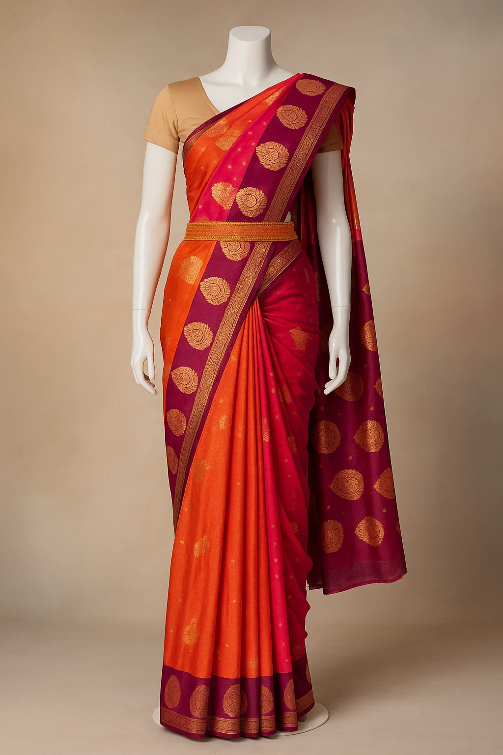 Rani Pink & Wine Kanchipuram Silk Saree with Rich Zari Motifs & Contrast Border