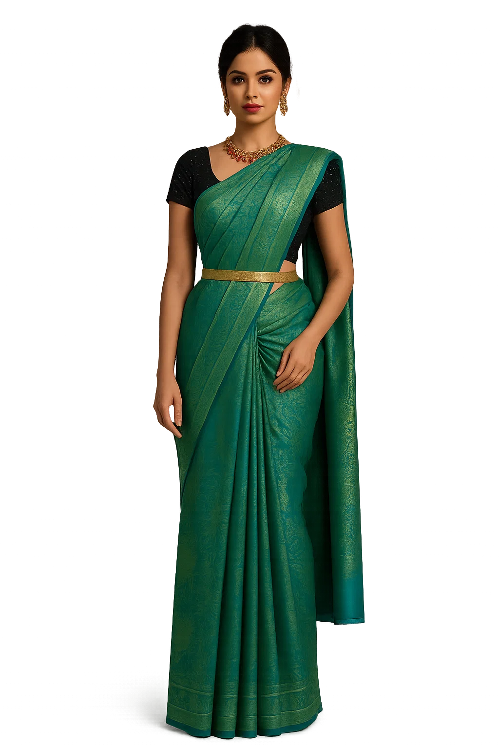 Emerald Green Kanjivaram Silk Saree with Subtle Self-Zari Weave & Contrast Borders