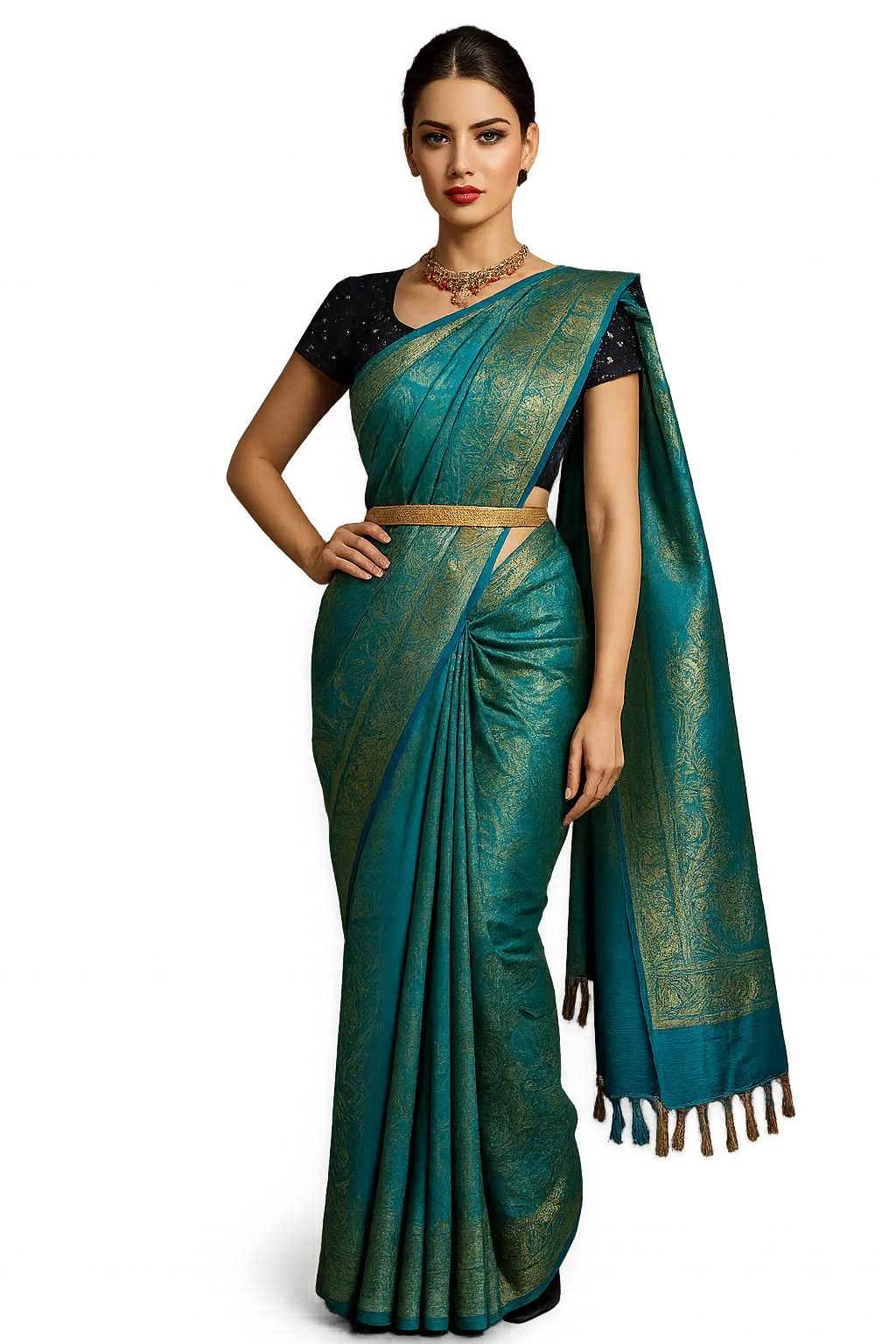 Emerald Green Kanjivaram Silk Saree with Subtle Self-Zari Weave & Contrast Borders