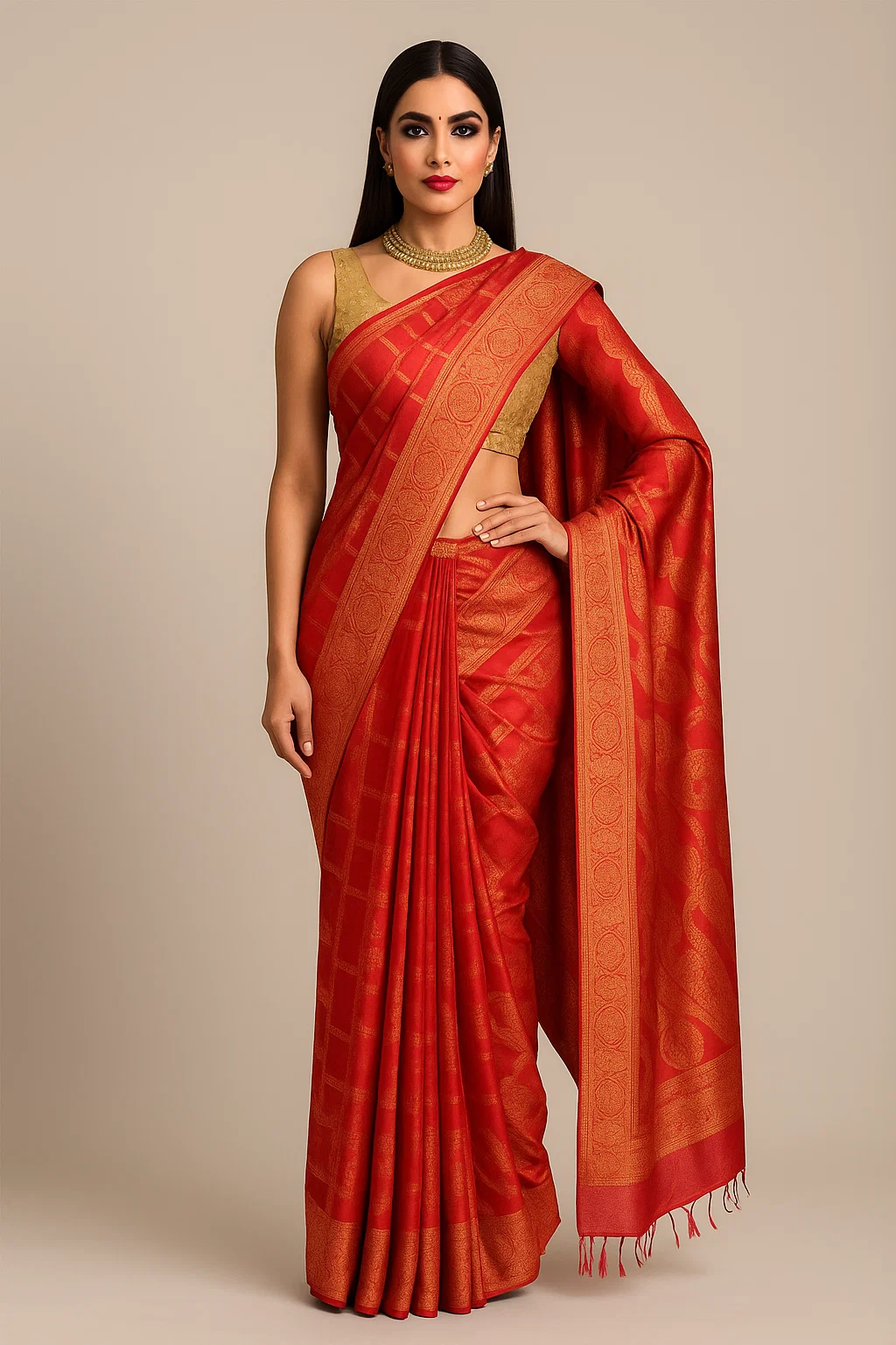 Royal Red Kanjivaram Silk Saree with Intricate Gold Zari Border