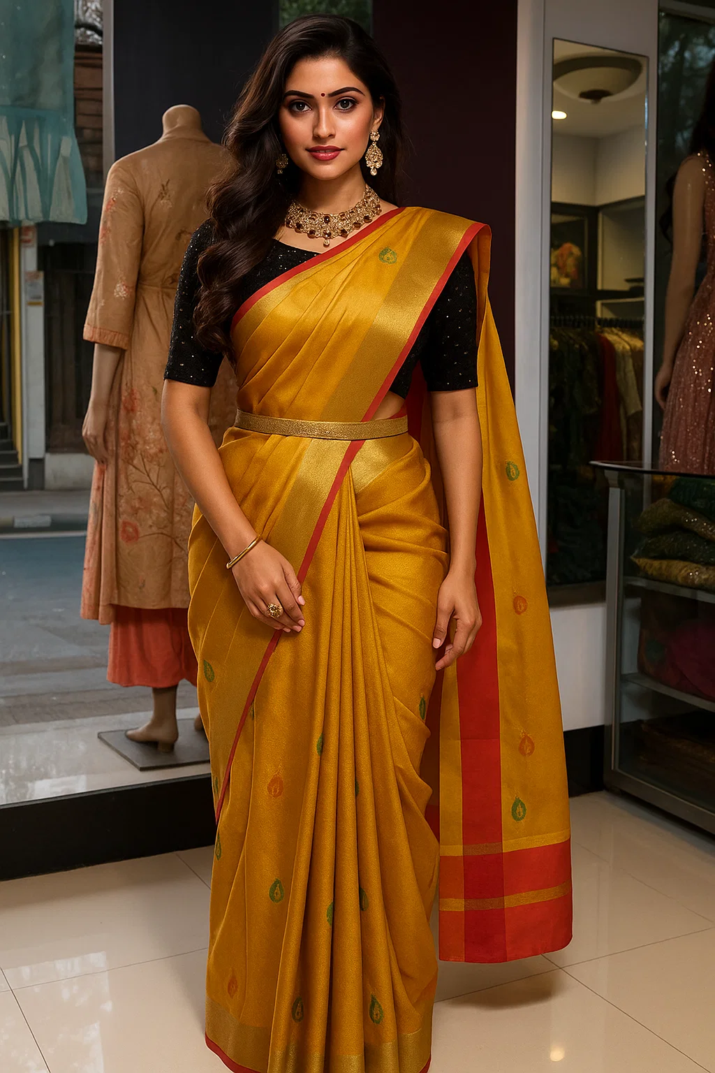 Mustard Yellow Traditional Silk Saree with Maroon Border & Subtle Butta Work