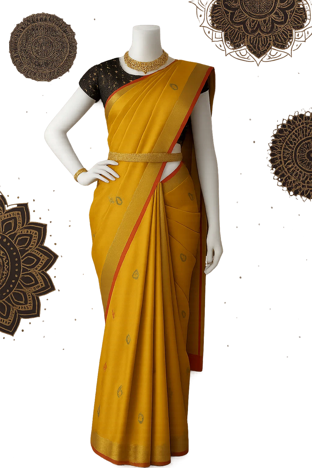 Mustard Yellow Traditional Silk Saree with Maroon Border & Subtle Butta Work