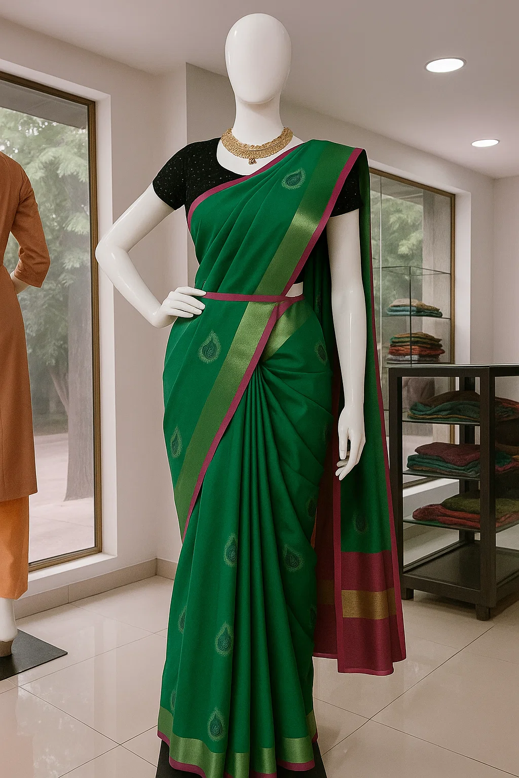Emerald Green Traditional Soft Silk Saree with Maroon & Gold Border