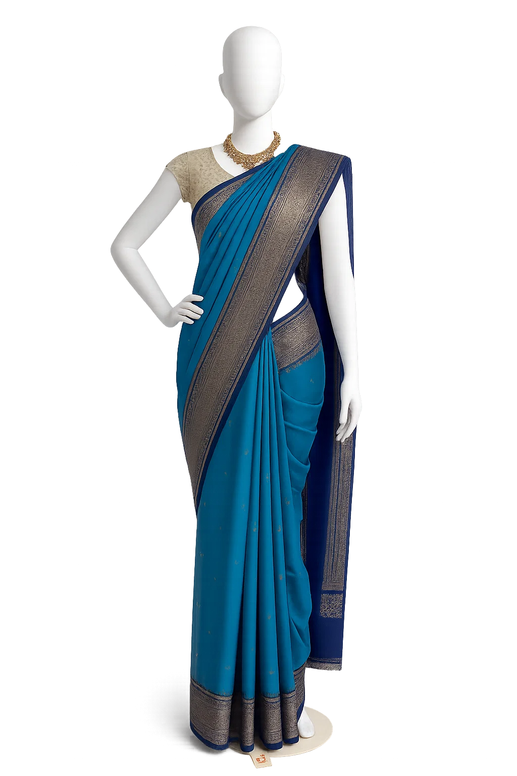 Teal Blue Soft Silk Saree with Antique Gold Zari Border & Pallu