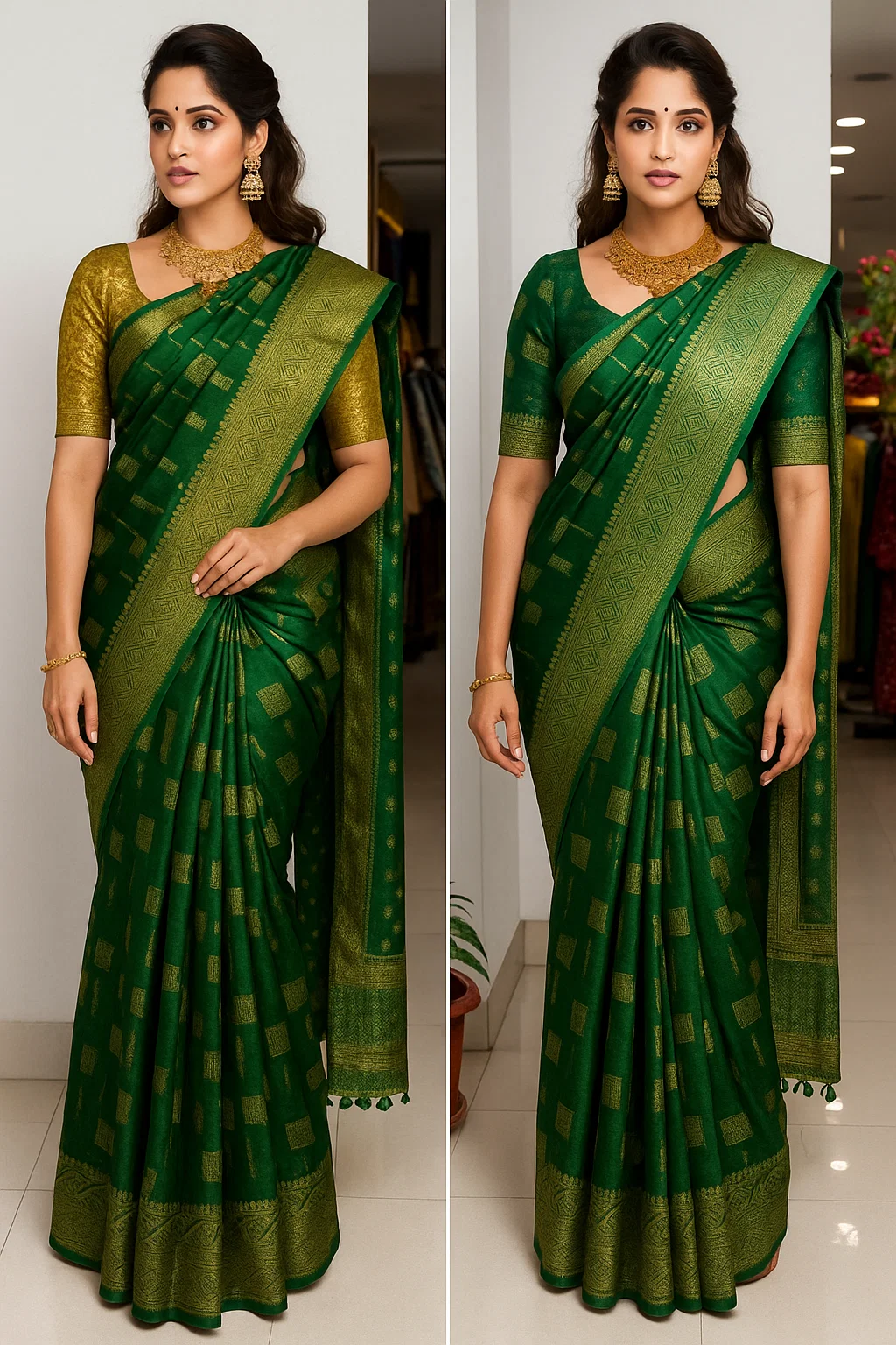 Emerald Green Soft Silk Saree with Intricate Gold Zari Weaving