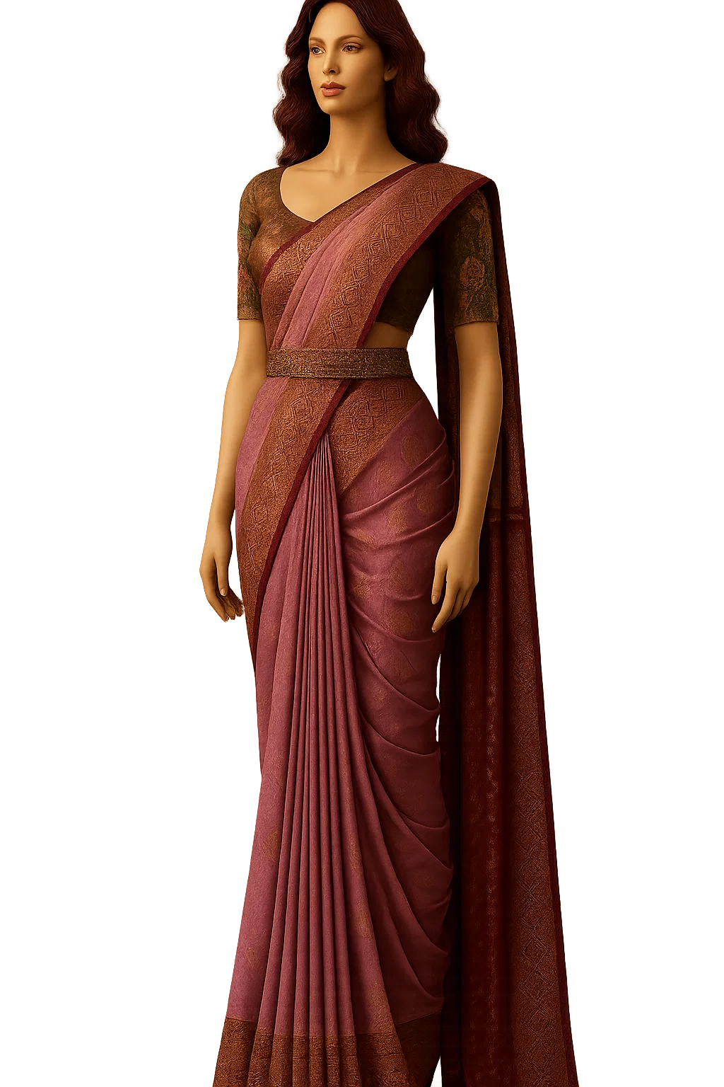 Dusty Rose Soft Silk Saree with Antique Gold Zari Border & Maroon Pallu