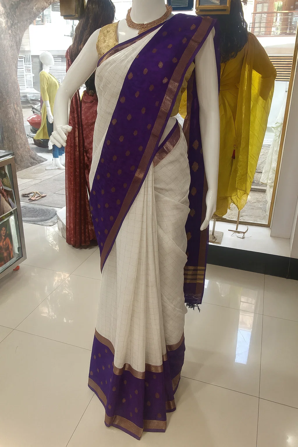 Regal Cream & Purple Kanchipuram Silk Saree with Golden Zari Border