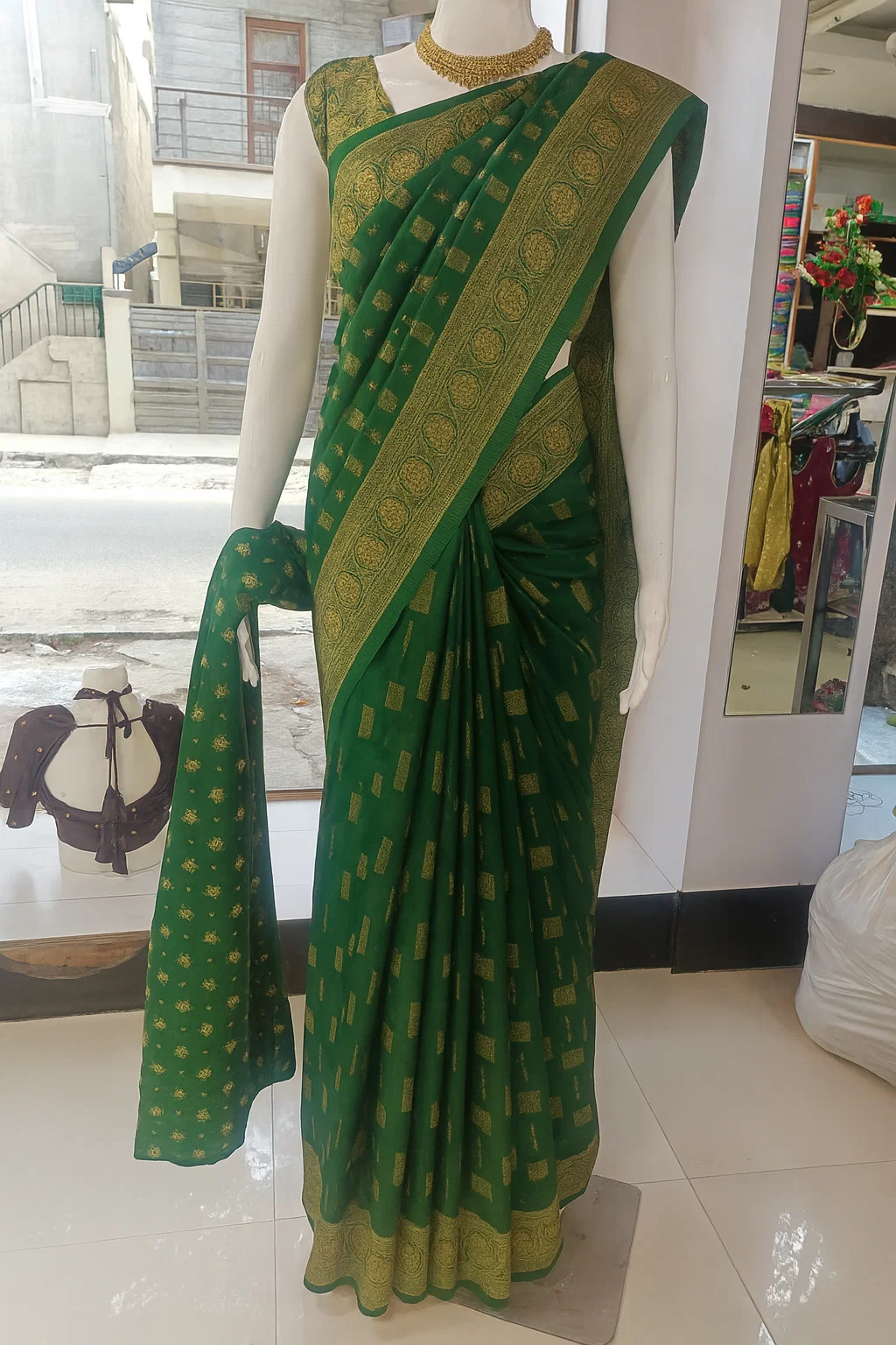 Emerald Green Banarasi Silk Saree with Antique Gold Zari Border