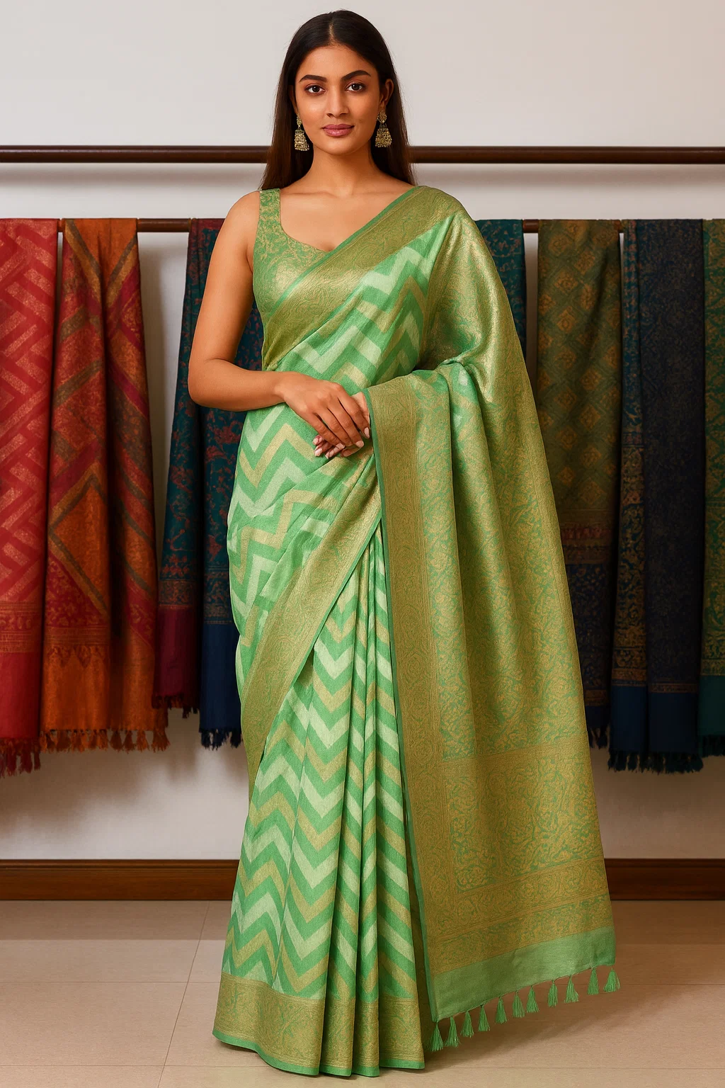 Mint Green Banarasi Silk Saree with Golden Zari & Chevron Pattern