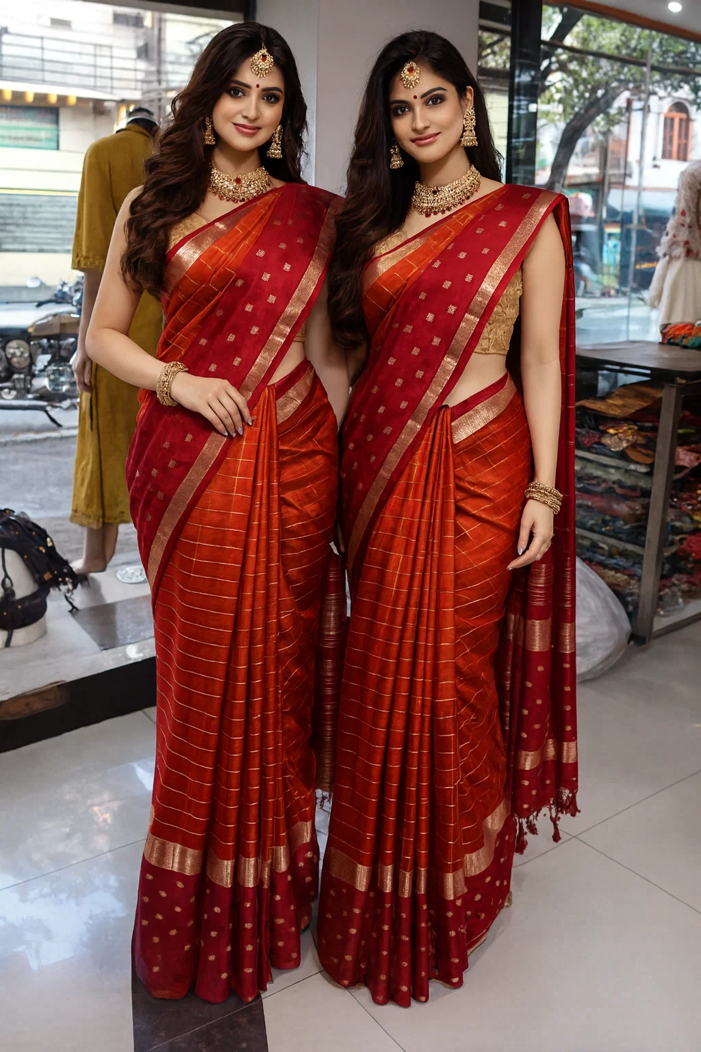 Gulnaar Rust-Orange & Maroon Zari Border Silk Blend Saree