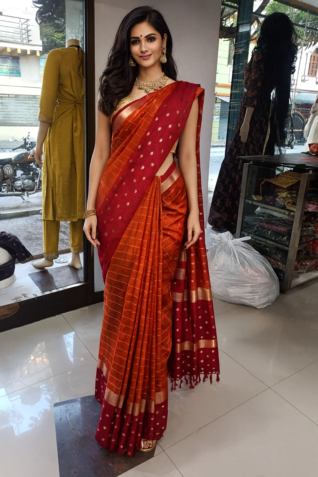 Gulnaar Rust-Orange & Maroon Zari Border Silk Blend Saree