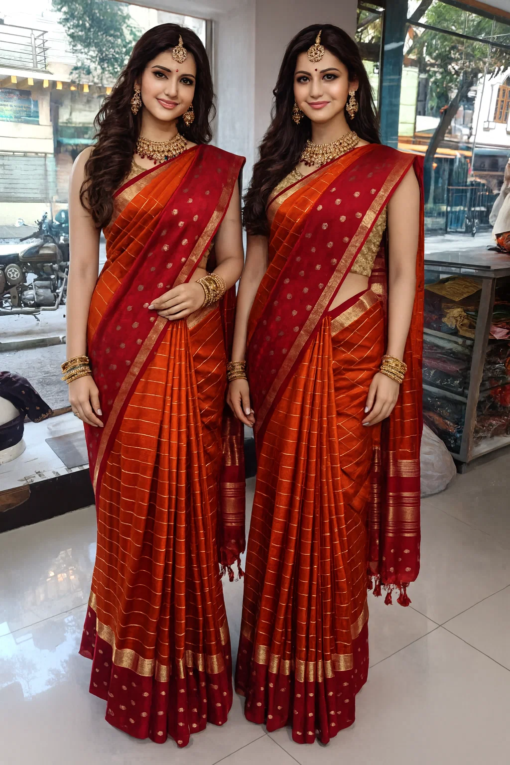 Gulnaar Rust-Orange & Maroon Zari Border Silk Blend Saree