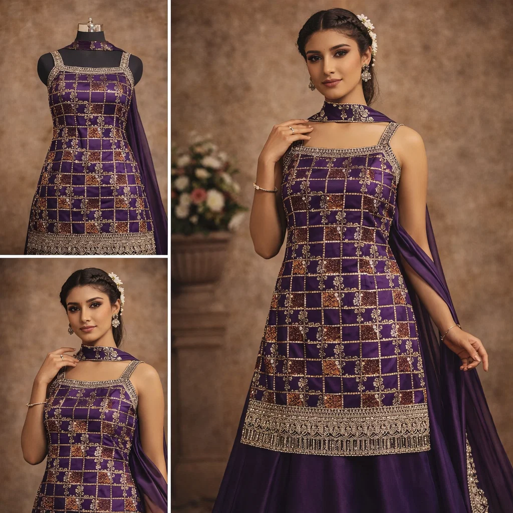 Royal Amethyst Embroidered Anarkali Lehenga Set with Dupatta