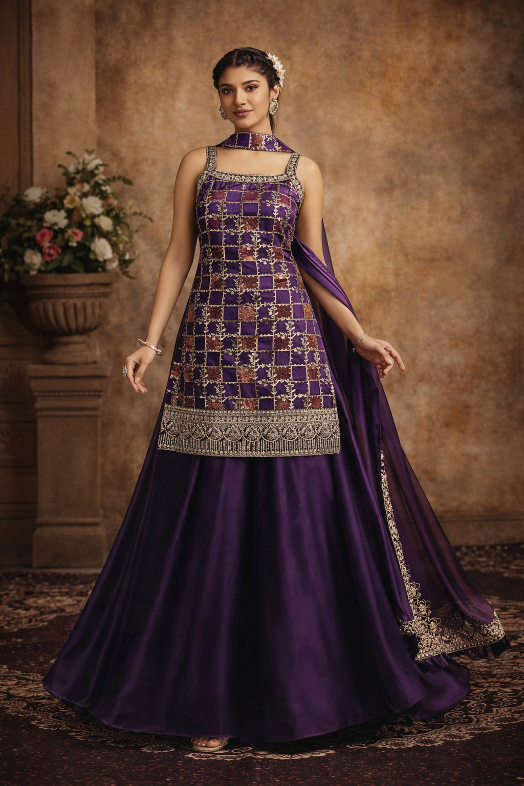 Royal Amethyst Embroidered Anarkali Lehenga Set with Dupatta