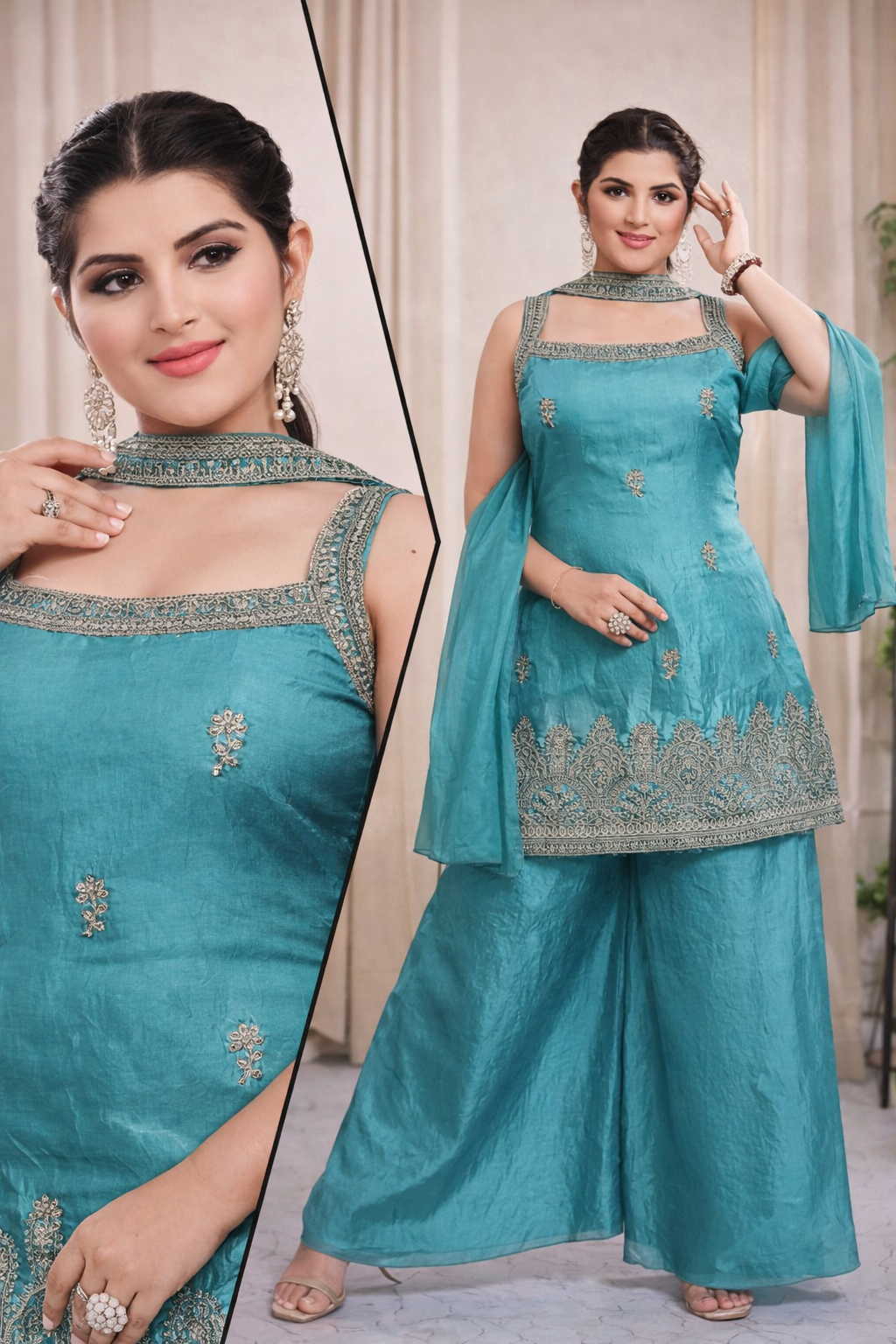 Aqua Elegance Embroidered Kurta Sharara Set with Dupatta