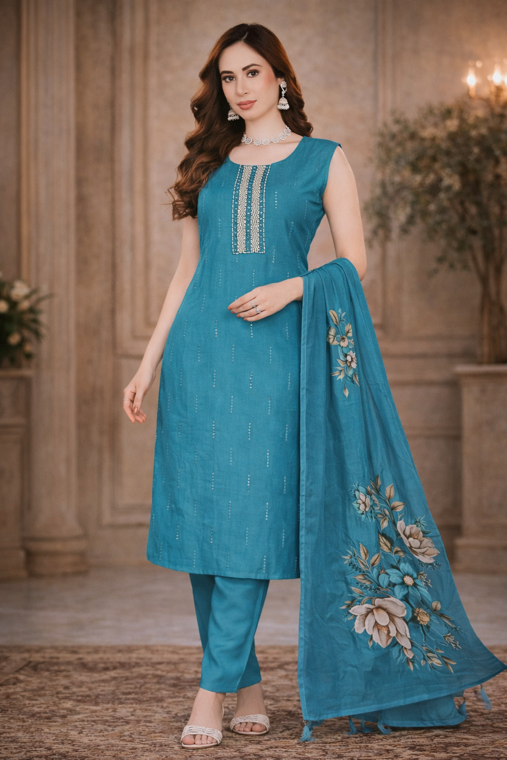 Teal Grace Embroidered Kurta Pant Set with Floral Dupatta