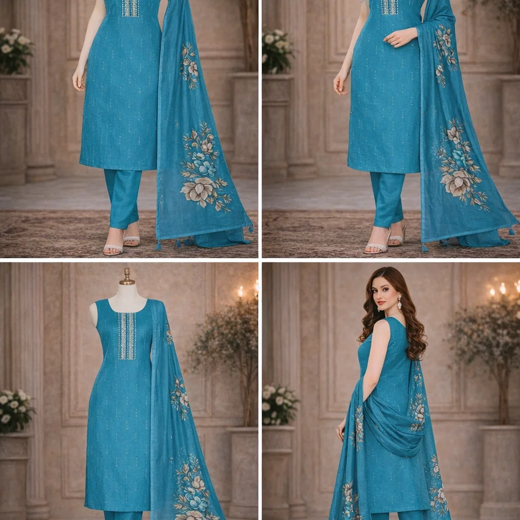 Teal Grace Embroidered Kurta Pant Set with Floral Dupatta
