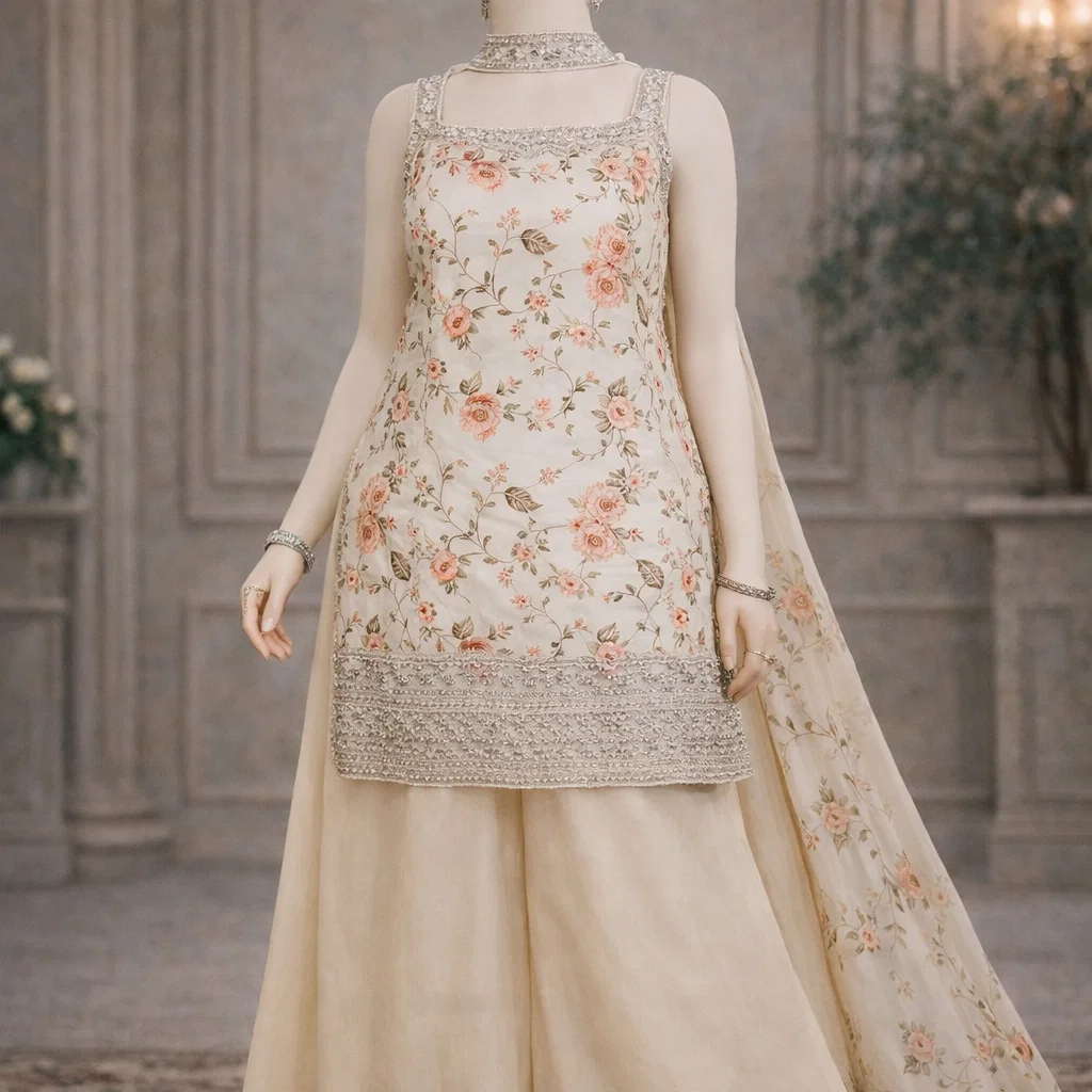 Ivory Blossom Floral Kurta Sharara Set with Dupatta