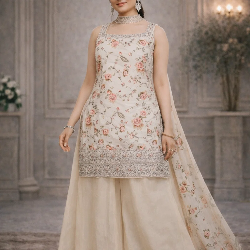 Ivory Blossom Floral Kurta Sharara Set with Dupatta