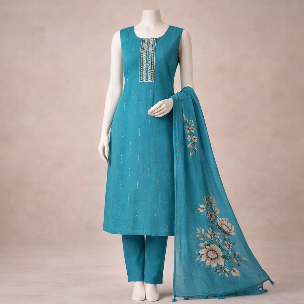 Teal Blue Floral Printed Kurta Pant Set with Dupatta – Elegant Ethnic Wear for Women