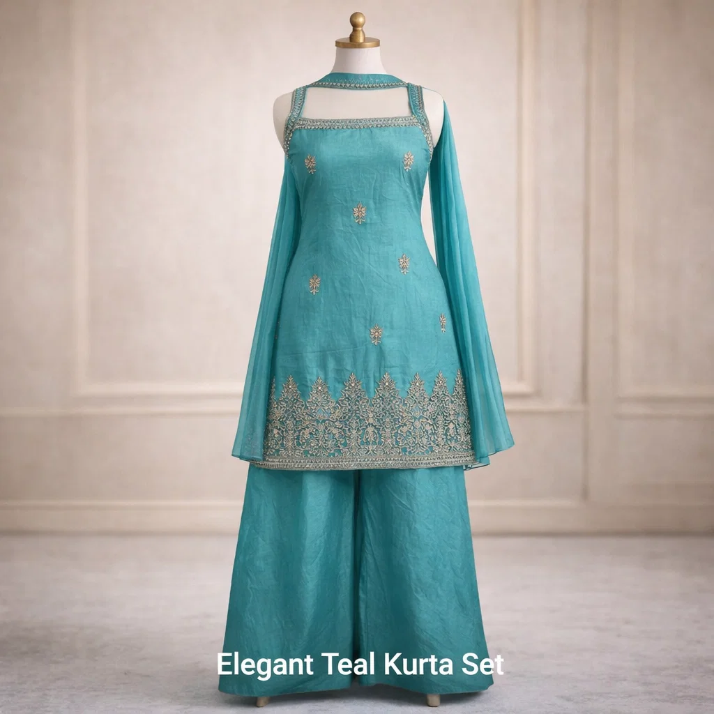 Teal Embroidered Kurta Palazzo Set with Dupatta – Festive & Party Wear