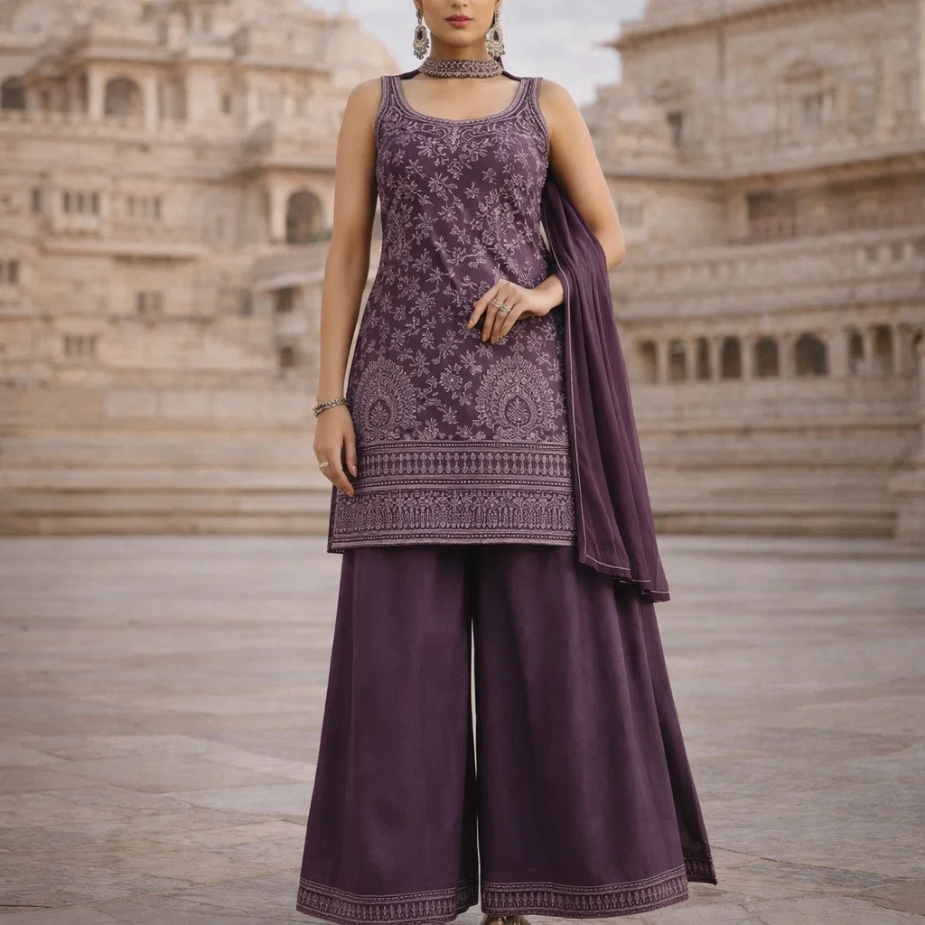 Royal Heritage Embroidered Sharara Suit Set with Dupatta (Festive & Wedding Wear)