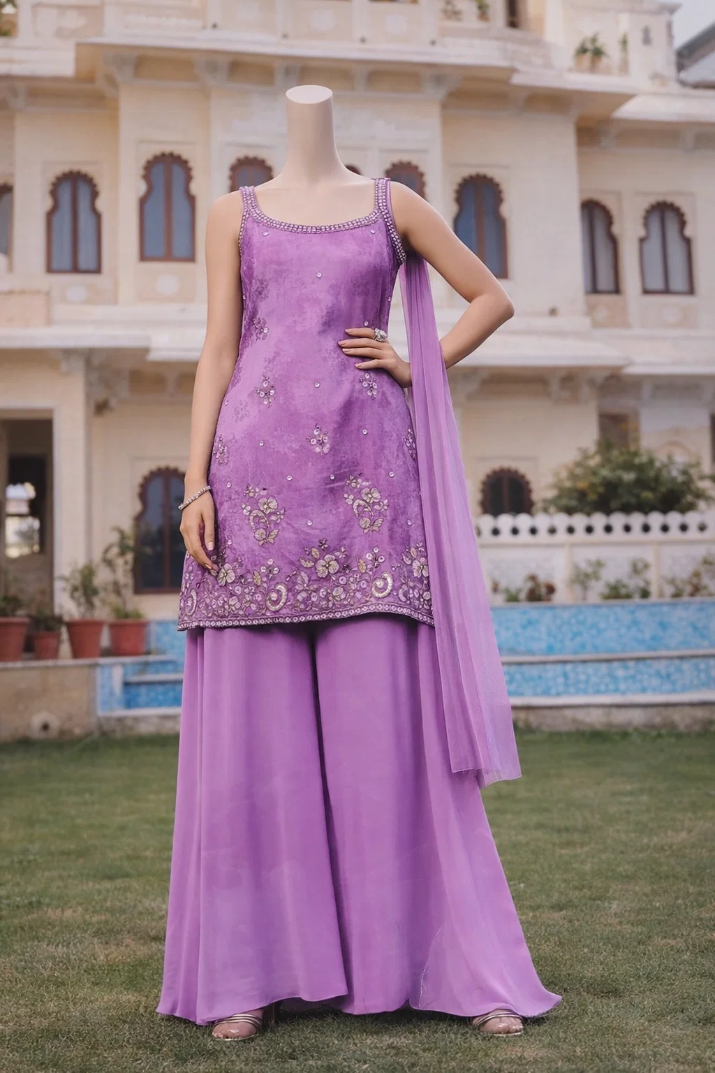 House of Vasuki Lilac Bloom Embroidered Kurta Palazzo Set