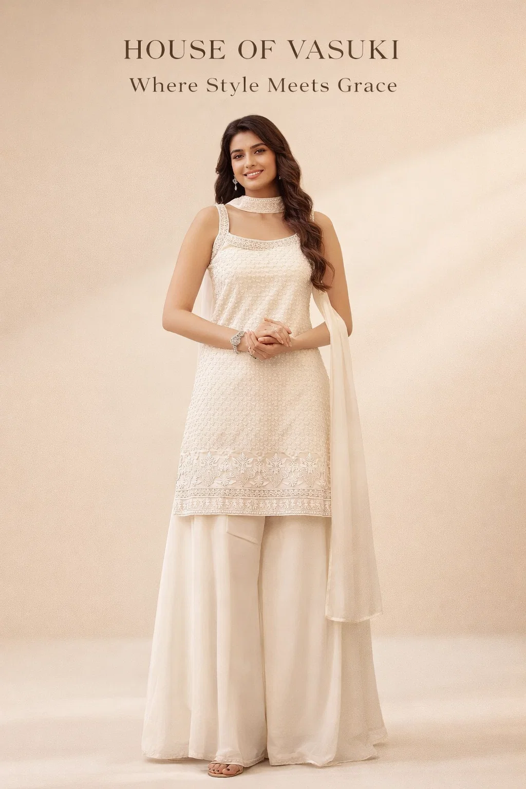 House of Vasuki Ivory Elegance Embroidered Kurta Palazzo Set