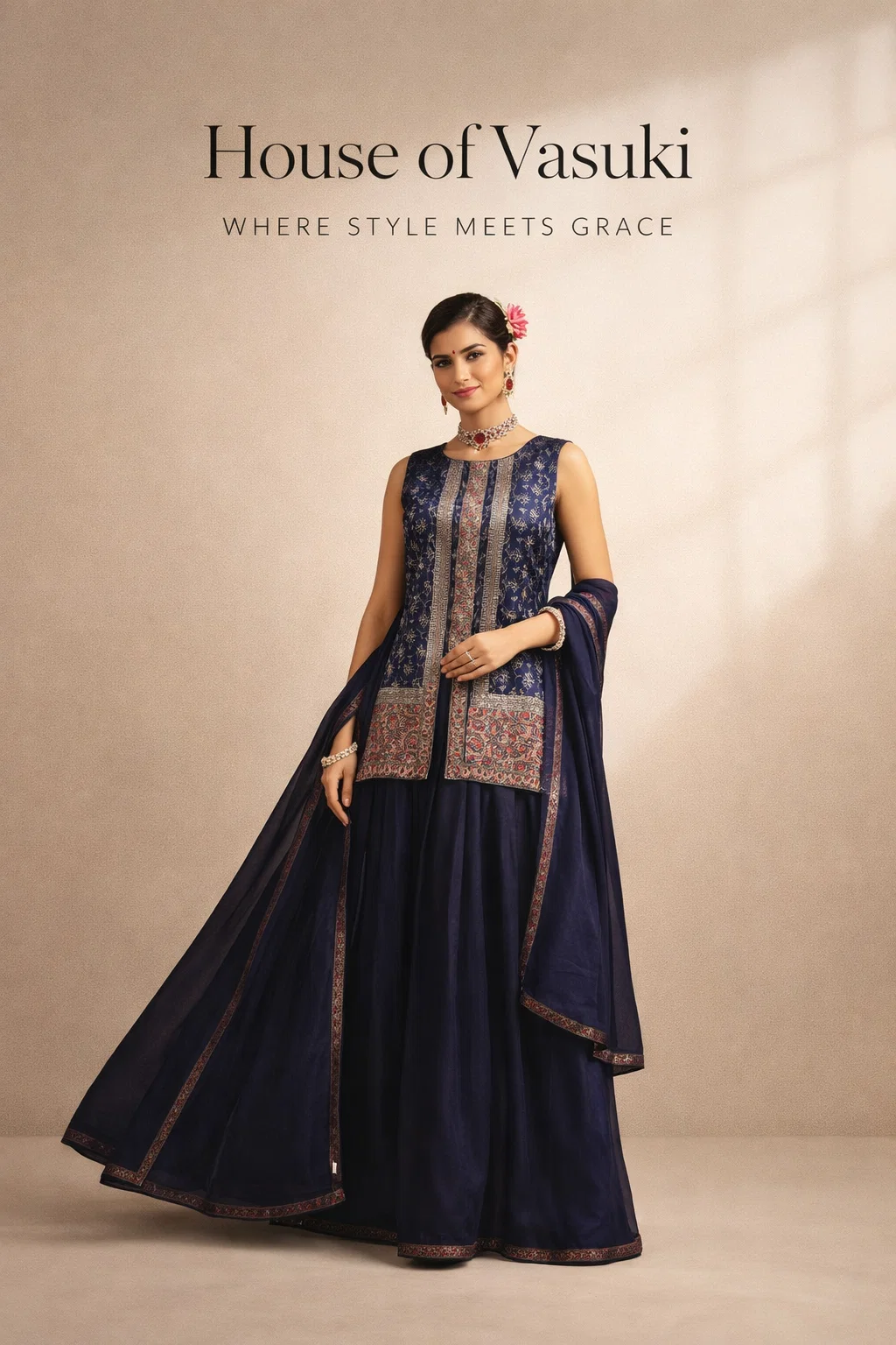 House of Vasuki Royal Midnight Blue Banarasi Anarkali Gown