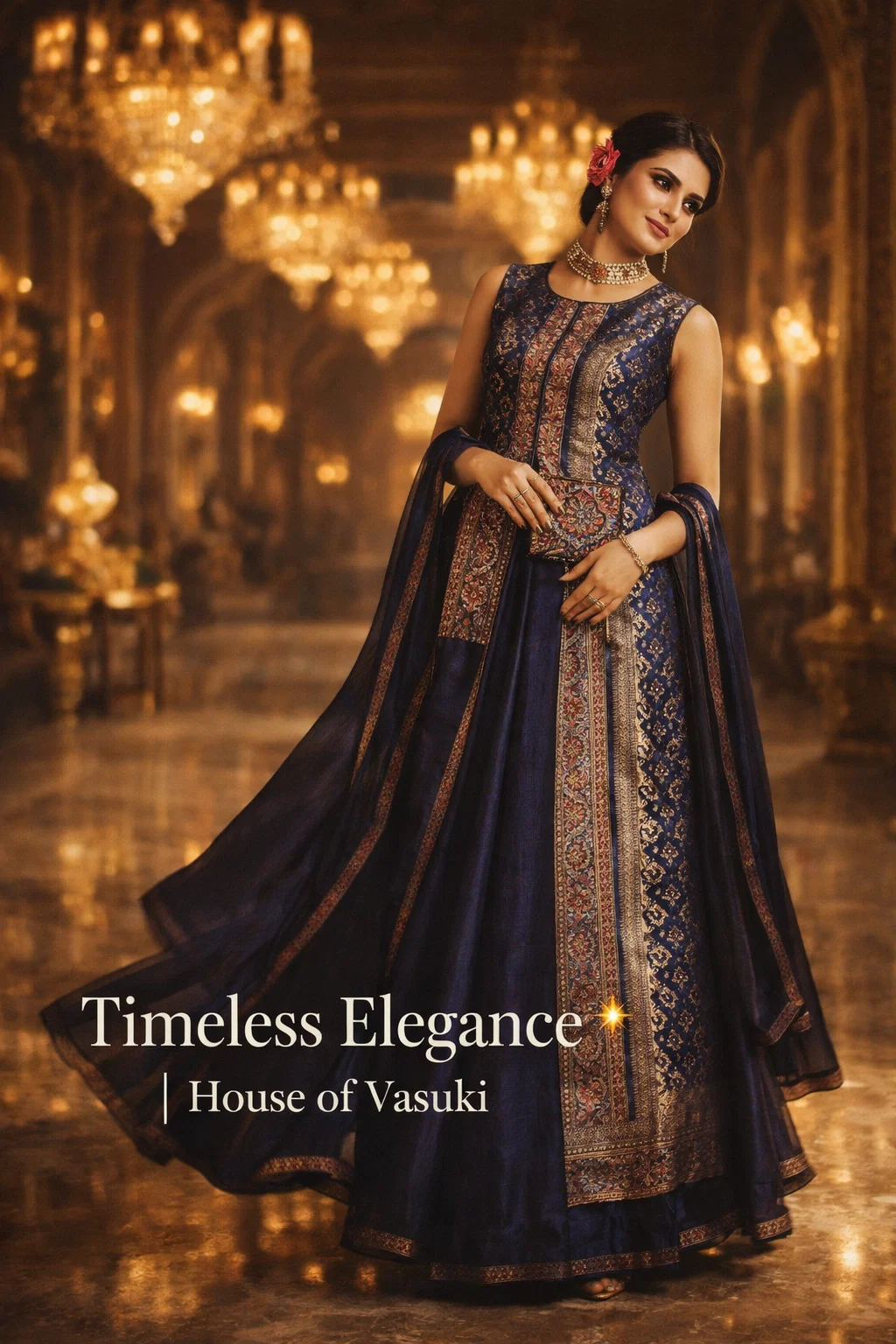 House of Vasuki Royal Midnight Blue Banarasi Anarkali Gown