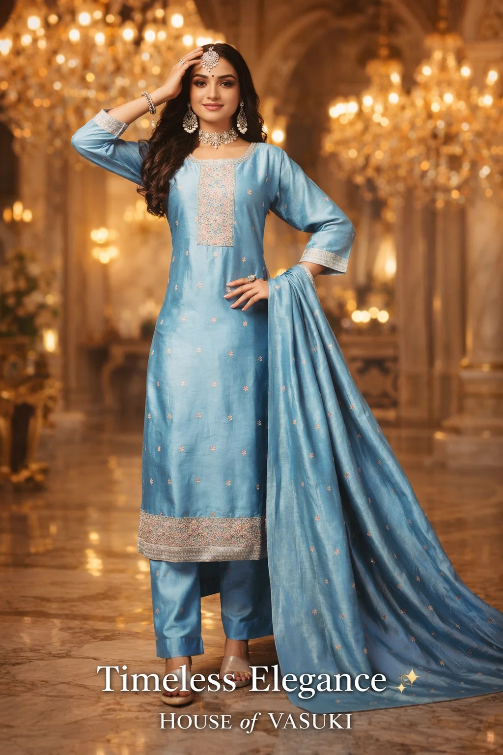 Royal Sky Blue Embroidered Kurta Set with Dupatta