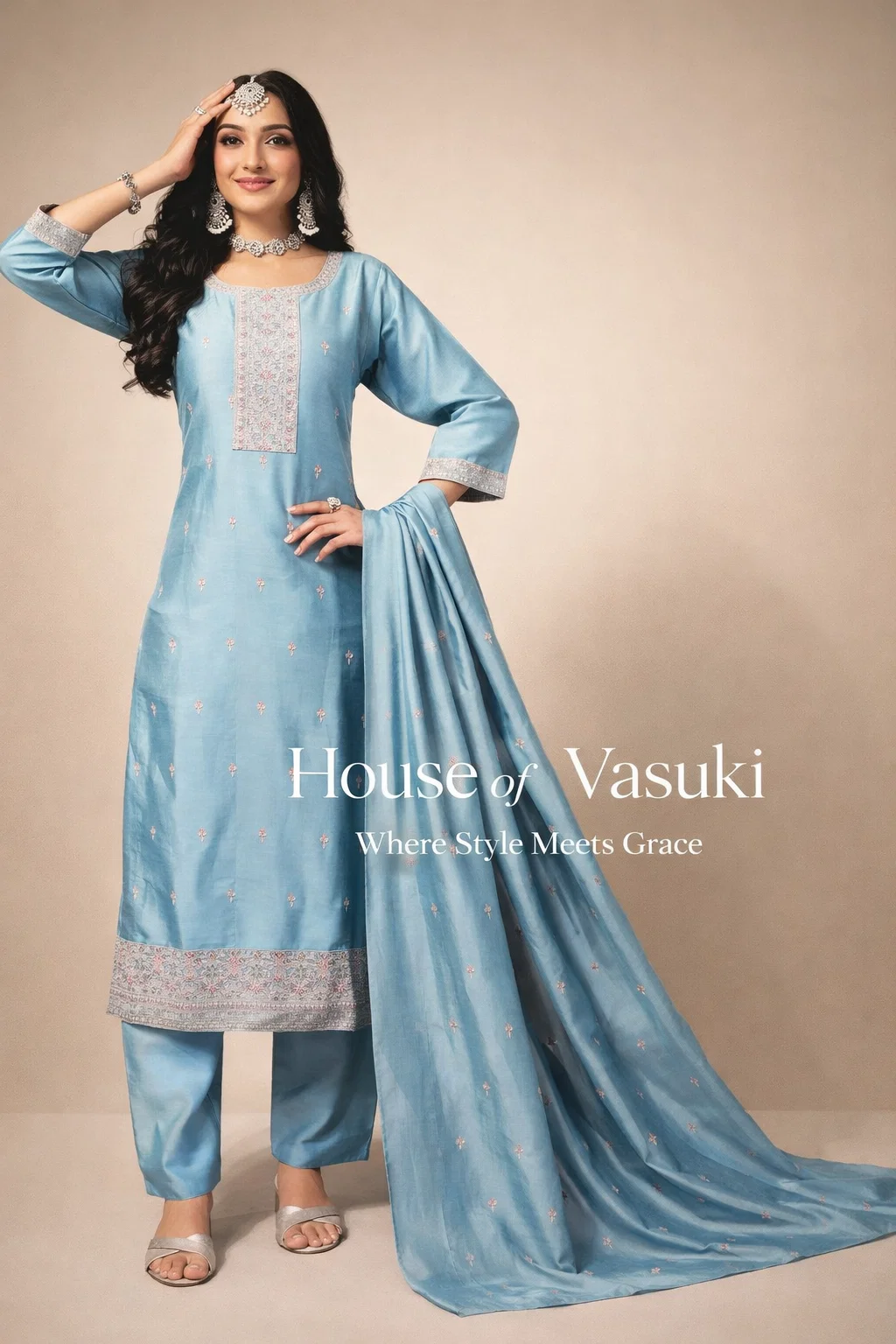 Royal Sky Blue Embroidered Kurta Set with Dupatta