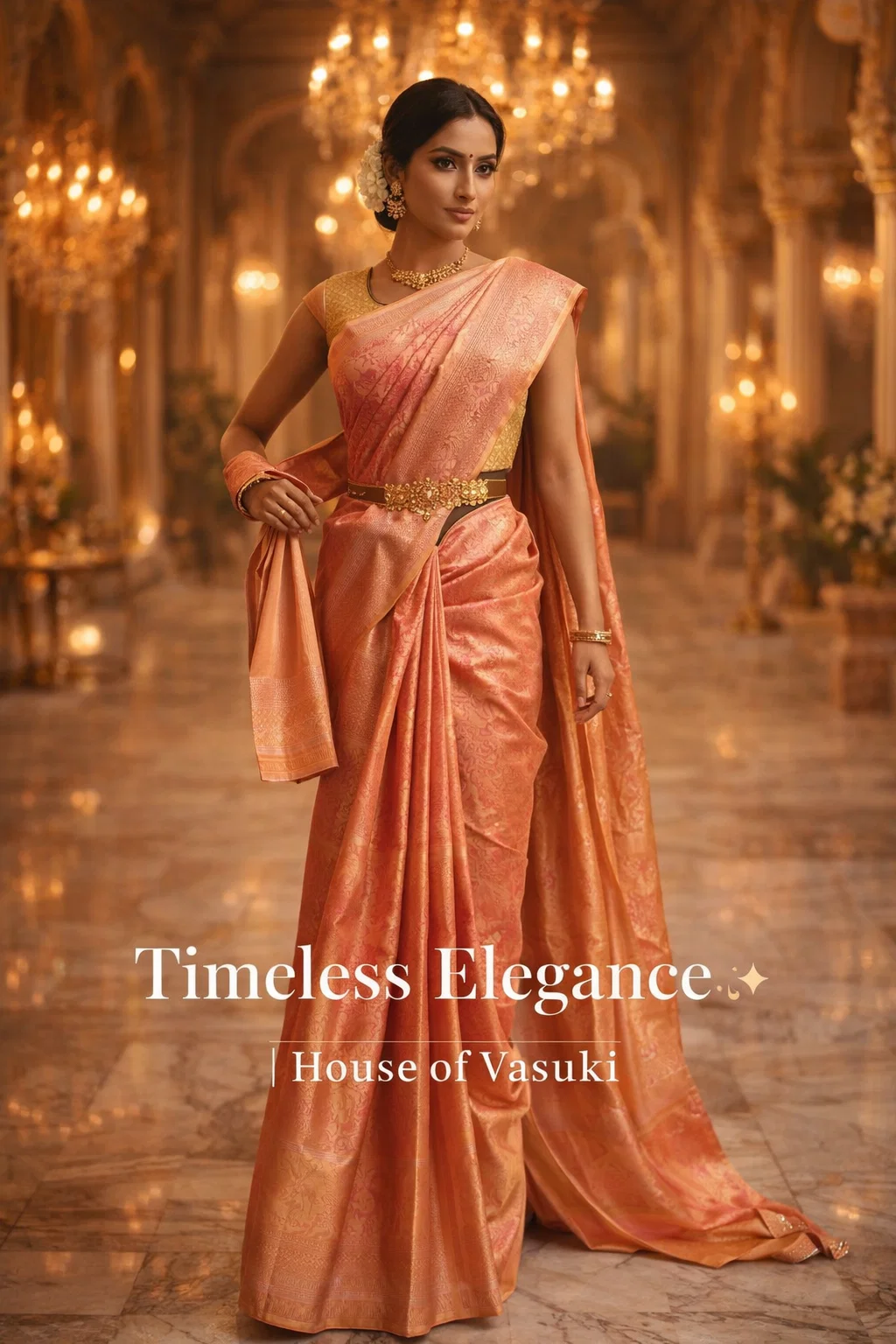 Royal Peach Gold Banarasi Silk Saree with Zari Work